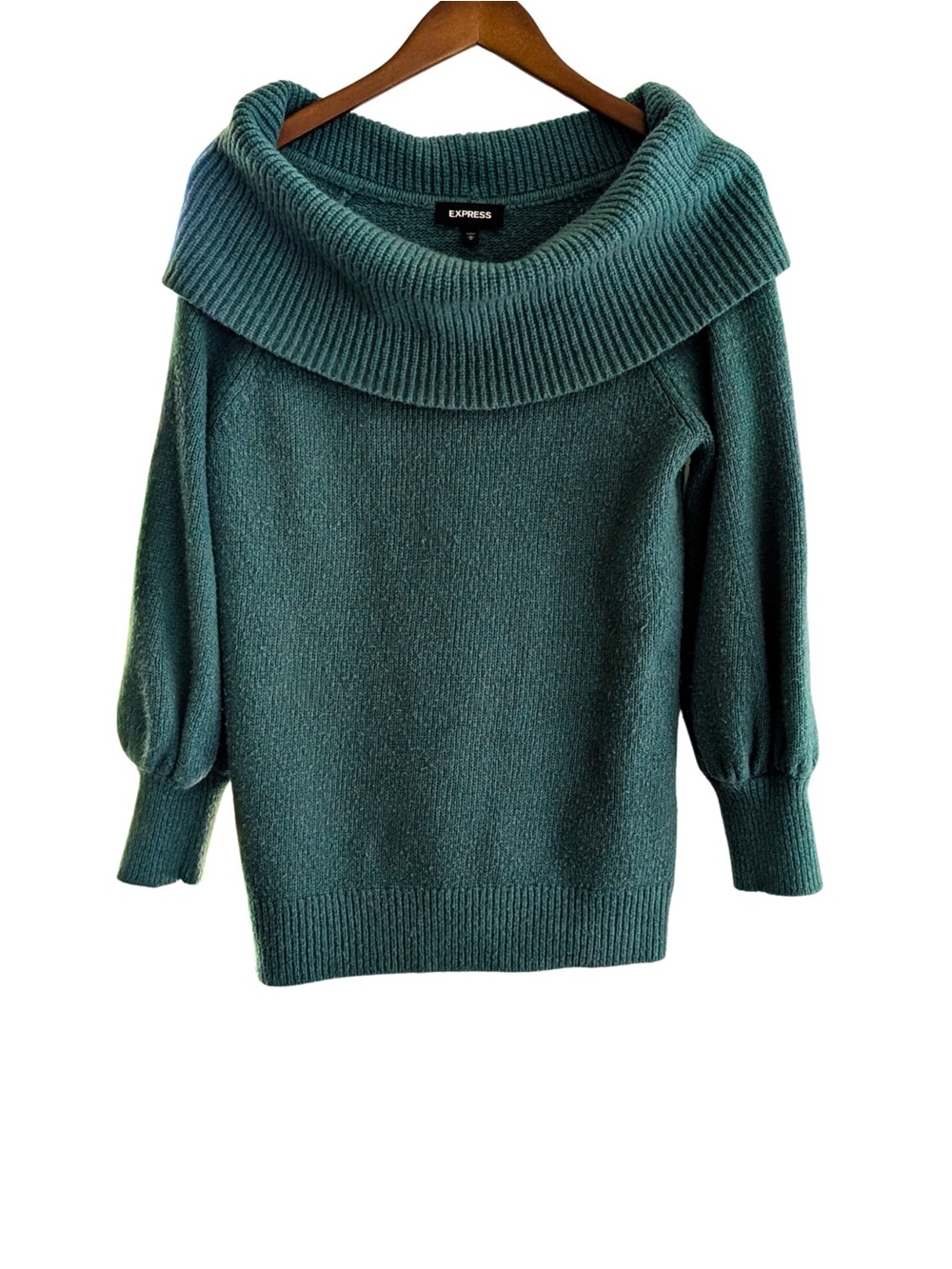 Express Women's Teal Off-Shoulder Ribbed Foldover Sweater